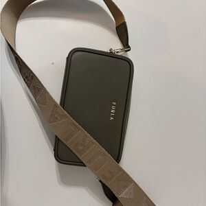 Furla Olive Green Crossbody Belt Bag with Beige Jacquard Strap